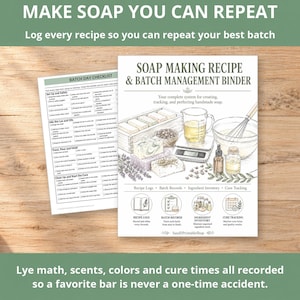 May include: A soap making recipe and batch management binder with a batch day checklist. The cover features illustrations of soap making supplies including a scale, measuring cup, whisk, and soap bars, with text detailing recipe logs and tracking.