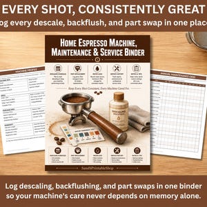 May include: A home espresso machine maintenance and service binder featuring printed pages with sections for machine profiles and annual maintenance grids. The cover displays an espresso portafilter, a bottle of descaling solution, and test strips.