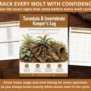 May include: A Tarantula & Invertebrate Keeper's Log book with a brown cover featuring a tarantula on a log, flanked by two white reference sheets. The text reads: TRACK EVERY MOLT WITH CONFIDENCE, Molt Tracking, Feeding Logs & Enclosure Care.