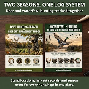 Könnte beinhalten: Zwei Jagdmanagement-Ordner mit den Titeln Deer Hunting Season & Property Management Binder und Waterfowl Hunting Season & Blind Management Binder. Die Einbände zeigen Naturfotografien von einem Hirsch und einer Ente sowie Text und Symbole.