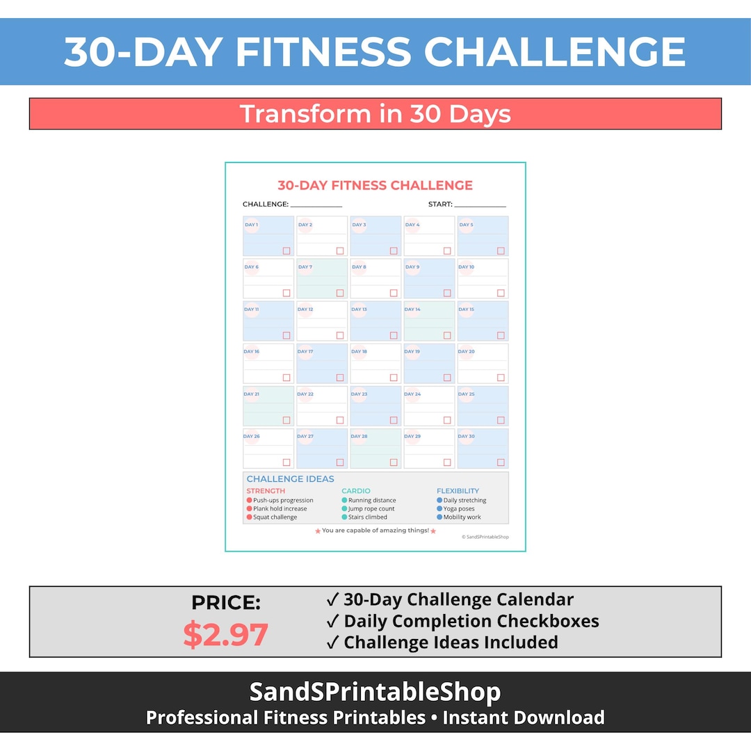 30 Day Fitness Challenge Printable PDF, Fitness Challenge Tracker, 30 ...