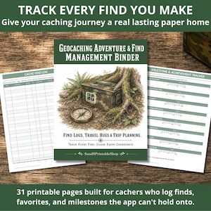 Op de afbeelding: Een Geocaching Adventure & Find Management Binder met een omslagillustratie van een camouflage cachebox en een kompas. De set bevat printbare pagina's voor een Cache Find Log en een Milestone & Achievement Tracker, met tekst voor het bijhouden van vondsten.