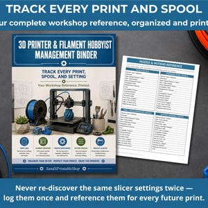 May include: A 3D printer and filament hobbyist management binder featuring a cover with the text 3D PRINTER & FILAMENT HOBBYIST MANAGEMENT BINDER and a nozzle and hotend reference sheet with columns for brass, hardened steel, and wear-resistant nozzles.