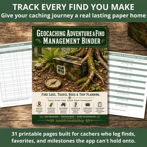 Könnte beinhalten: Ein Geocaching Adventure & Find Management Binder mit 31 druckbaren Seiten. Das Cover zeigt eine Tarn-Aufbewahrungsbox unter einem Baum, einen Kompass und Text wie 'Find Logs, Travel Bugs & Trip Planning' und 'Track Every Find'.