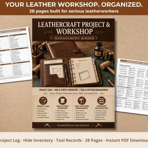 May include: A leathercraft project and workshop management binder with 28 pages, including reference cards and a safety checklist. The binder features sections for project logs, hide and supply inventory, tool and pattern management, and workshop organization.