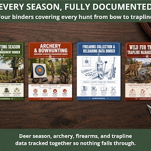 May include: Four binders titled Deer Hunting Season & Property Management, Archery & Bowhunting, Firearms Collection & Reloading Data, and Wild Fur Trapping & Trapline Management. Each binder cover features thematic imagery and text for tracking outdoor data.