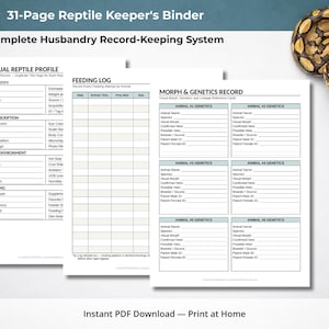 May include: A 31-page reptile keeper's binder with a complete husbandry record-keeping system. The binder includes forms for individual reptile profiles, feeding logs, and morph & genetics records. A digital timer and a snake are also visible.