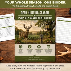 Può includere: Un raccoglitore per la caccia al cervo e la gestione della proprietà con una copertina raffigurante un cervo in un campo, un altana e il testo "YOUR WHOLE SEASON. ONE BINDER." Due fogli di registro stampati sono accanto al raccoglitore.