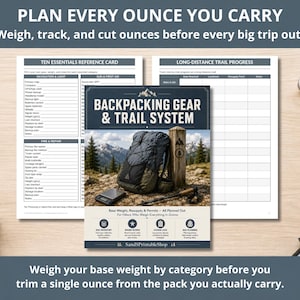 May include: A backpacking gear and trail system printable set featuring a reference card, a progress tracker, and a central guide with the text BACKPACKING GEAR & TRAIL SYSTEM, PLAN EVERY OUNCE YOU CARRY, and Weigh, track, and cut ounces before every big trip out.