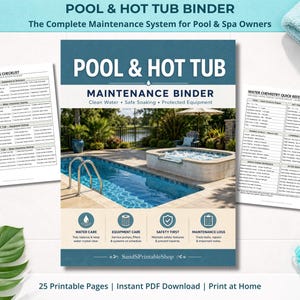 Könnte beinhalten: Ein Pool- und Whirlpool-Wartungsordner mit einem Deckblatt, das einen Pool und einen Whirlpool zeigt. Enthält eine Checkliste für die saisonale Eröffnung und einen Kurzanleitung für die Wasserchemie.
