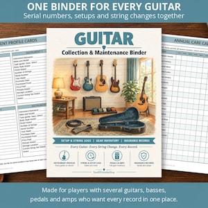May include: A guitar collection and maintenance binder with three printed pages. The cover features an illustration of guitars, an amp, and a case. The interior pages include an instrument profile card and an annual care calendar with grids for tracking maintenance tasks.