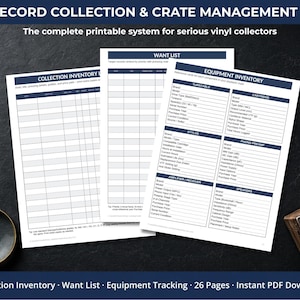 May include: A collection of printable record-keeping sheets for vinyl collectors. The image shows a collection inventory, want list, and equipment inventory sheets. A magnifying glass and a wooden crate with records are also visible. The text at the top reads "VINYL RECORD COLLECTION & CRATE MANAGEMENT BINDER."