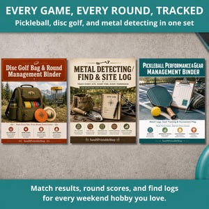 May include: Three management binders for pickleball, disc golf, and metal detecting. The covers feature text including Disc Golf Bag & Round Management Binder, Metal Detecting/Find & Site Log, and Pickleball Performance & Gear Management Binder.