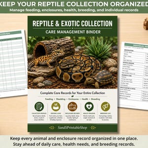 Op de afbeelding: Een verzorgingsmap voor reptielen- en exotencollecties met een omslag waarop een luipaardgekko, een koningspython en een schildpad staan. De map bevat overzichtsbladen en individuele dierprofielen voor het bijhouden van de gezondheid.