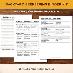 Puede incluir: Un kit de carpeta de apicultura de jardín con páginas imprimibles. La imagen muestra una superficie de madera con un registro de inspección de colmenas, una lista de verificación de tareas estacionales y una hoja de perfil de colmena individual. También se ve un tarro de miel y un panal.