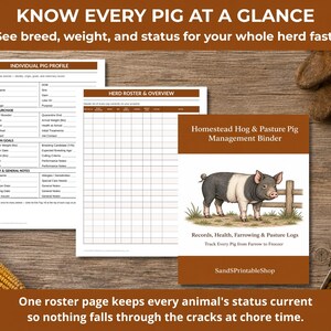 May include: A Homestead Hog & Pasture Pig Management Binder set featuring printed pages for individual pig profiles and herd rosters. The cover displays a black and white pig illustration with the text Records, Health, Farrowing & Pasture Logs.