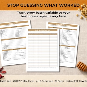 May include: Printable fermentation logs and profile cards, including an F1 Batch Log, SCOBY Profile Cards, and a pH & Temp Log. The image text says: "STOP GUESSING WHAT WORKED. Track every batch variable so your best brews repeat every time."