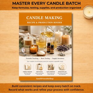 May include: A candle making recipe and production binder with a cover featuring text that reads CANDLE MAKING RECIPE & PRODUCTION BINDER, along with images of candles, wax, essential oil bottles, and icons for tracking formulas and inventory.