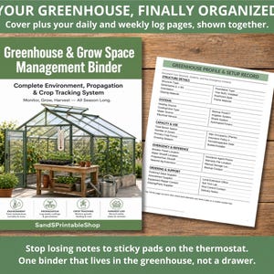 May include: A Greenhouse & Grow Space Management Binder with a cover featuring a greenhouse image and text, alongside a Greenhouse Profile & Setup Record page. The binder includes sections for environment, propagation, crop tracking, and harvest logs.