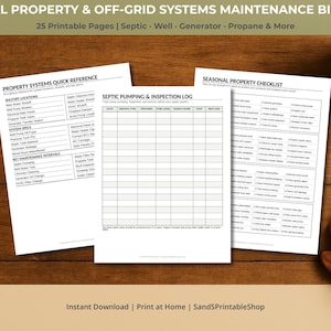 May include: Three printable pages from a rural property and off-grid systems maintenance binder. The pages include a quick reference, a septic pumping log, and a seasonal property checklist. The pages are on a wooden surface.
