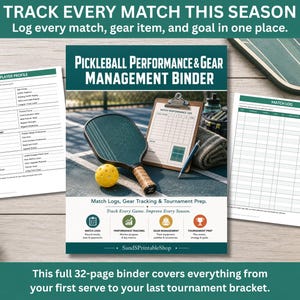 May include: A Pickleball Performance & Gear Management Binder with a cover showing a pickleball paddle, a yellow ball, and a clipboard. The set includes a player profile sheet and a match log sheet, all designed to track games and equipment.