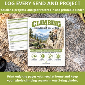 Könnte beinhalten: Ein druckbares Kletter-Logbuch mit einem Cover, das eine Berglandschaft und einen Kletterer zeigt, betitelt CLIMBING Session, Project & Gear Log Book. Enthält ein Projektdetailblatt mit Abschnitten für Routennamen, Schwierigkeitsgrade und Ausrüstung.