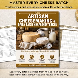 Pode incluir: Um fichário de gestão de lotes de queijaria artesanal e laticínios com páginas impressas para rastrear receitas, culturas e maturação. A capa apresenta um design em marrom e branco com texto e imagens de queijos, um pote e um termômetro.