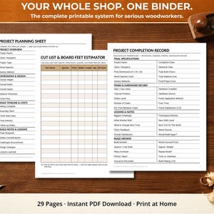 May include: A wooden surface displays three white sheets with printed forms for woodworking projects. The forms include sections for project planning, cut lists, and completion records. Text at the top reads "YOUR WHOLE SHOP. ONE BINDER." A pencil and a wood plane are also visible.
