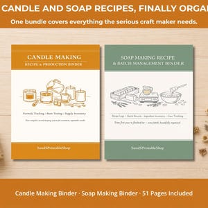 May include: Two binders for candle and soap making recipes are displayed on a wooden surface. The binders are labeled "Candle Making" and "Soap Making Recipe." The image includes text: "Your Candle and Soap Recipes, Finally Organized."