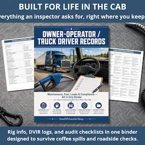 Könnte beinhalten: Ein blau-weißes Ordner-Cover mit dem Titel OWNER-OPERATOR / TRUCK DRIVER RECORDS, das ein Foto eines LKW-Führerhauses, einer Zapfpistole und eines Klemmbretts zeigt. Enthält den Text: BUILT FOR LIFE IN THE CAB, Everything an inspector asks for.