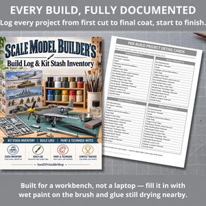 May include: A Scale Model Builder's Build Log & Kit Stash Inventory book featuring a cover with a model airplane, paint bottles, and tools. Beside it lies a white sheet with Per-Build Project Detail Cards for tracking model building projects.