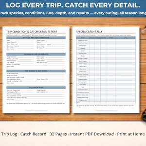 May include: Two-page fishing log with detailed sections for trip conditions, catch details, and species tally. Includes a fishing lure and reel on a wooden background. Text reads: "Log Every Trip. Catch Every Detail."