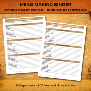 May include: A mead-making binder with two open worksheets, a honey dipper, and a glass of mead. The worksheets have sections for batch records and recipe development. The text on the image reads "Mead Making Binder" and "28 Pages - Instant PDF Download - Print at Home."