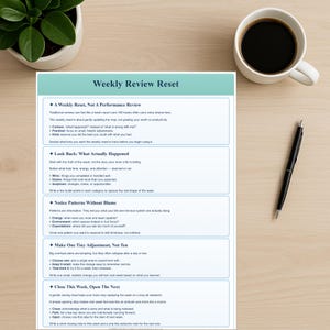 Op de afbeelding: Een wekelijkse reset-werkblad met tekst, een zwarte pen en een kop koffie. Het werkblad is wit met teal koppen en opsommingstekens. De tekst bevat prompts voor zelfreflectie en planning.