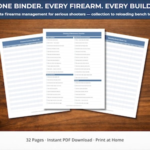 May include: Three white checklists with blue headers and text are displayed on a wooden surface, along with a silver caliper and brass bullet casings. The text reads: ONE BINDER. EVERY FIREARM. EVERY BUILD. 32 Pages - Instant PDF Download - Print at Home.