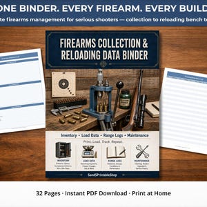 May include: A digital firearms collection and reloading data binder featuring a dark blue cover with white text, including a reloading press, target, and cartridges. The binder includes inventory, load data, range logs, and maintenance pages.
