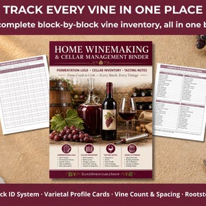 May include: A home winemaking and cellar management binder featuring a cover with a wine bottle, glass, and grapes. The set includes a vineyard block and vine inventory sheet, a varietal and block profile card, and sections for fermentation logs.