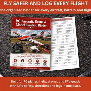 May include: An RC Aircraft, Drone & Model Aviation Binder with a red and white cover featuring a model airplane and drone. The binder includes a safety checklist page, a remote control, a battery, and a propeller nearby.