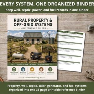 May include: A 35-page printable maintenance binder titled Rural Property & Off-Grid Systems. The cover features a rural house, a generator, and a fuel tank. It includes sections for property, water, power, fuel, and maintenance logs with instructions.