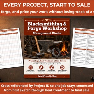 May include: A Blacksmithing & Forge Workshop Management Binder with two reference sheets. The cover features an anvil, hammer, and horseshoe. Text includes 'Project Logs, Heat Treatment & Steel Records' and 'Anvil & Equipment Care Checklist'.