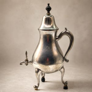 Könnte beinhalten: Eine silberfarbene Vintage-Tee- oder Kaffeekanne mit Deckel und dekorativem Griff. Die Kanne hat einen Zapfhahn und steht auf drei gebogenen Beinen mit schwarzen und goldenen Akzenten. Die Kanne ist wahrscheinlich aus Metall und hat ein klassisches Design.