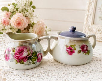 Germany 17, rose china, floral transfer ware, pink rose creamer, sugar bowl set, vintage German ceramic, cottage core tea set