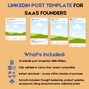 Può includere: Grafica con un modello di post di LinkedIn per i fondatori di SaaS. L'immagine include quattro mockup di post sui social media. Il testo include dettagli su 10 modelli, compatibilità Canva, download immediato e formati di post.