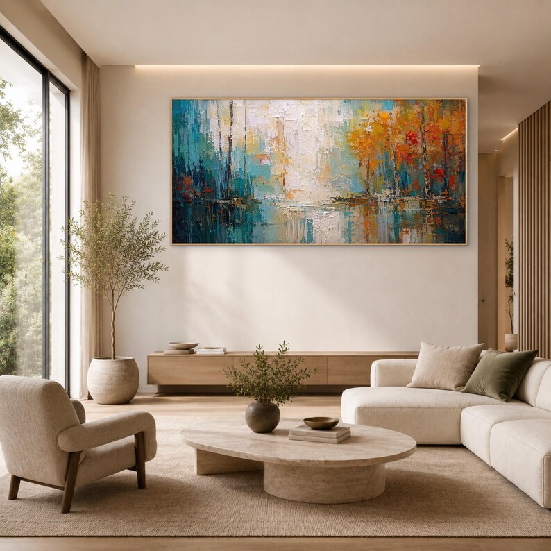 Abstract Landscape Painting, Teal Orange Forest and Water Wall Art ...