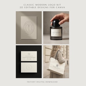 May include: A digital logo kit featuring 20 editable designs for Canva. The image displays a beige card with a key logo, a black-capped bottle labeled LE NOIR, two white business cards, and a white shopping bag with the text NOIR TOUJOURS.