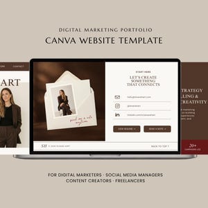 May include: A digital marketing portfolio Canva website template displayed on a laptop screen. The design features a dark brown and white colour scheme with text including Digital Marketing Portfolio, Sloane Hart, and Let's Create Something That Connects.