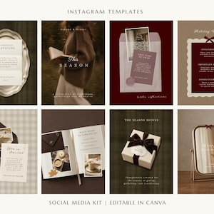 Könnte beinhalten: Eine Sammlung von acht digitalen Social-Media-Vorlagen mit verschiedenen Layouts und Texten, darunter ein Brief auf einem Tablett, eine lesende Person, eine Grußkarte, eine Geschenkbox, ein Umschlag, ein offenes Buch und ein Tischspiegel.