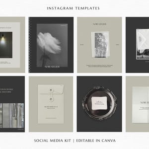 May include: A set of eight Instagram templates featuring a neutral color palette of black, white, and beige. The designs include various layouts with text, photography placeholders, envelopes, and a decorative plate, all labeled as a social media kit.