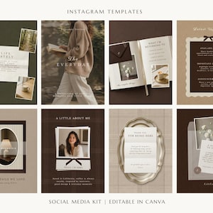 Könnte beinhalten: Eine Sammlung von acht digitalen Instagram-Vorlagen in einer neutralen Farbpalette aus Braun, Beige und Creme. Die Designs umfassen verschiedene Layouts mit Platzhaltern für Fotos, Text und Grafiken, beschriftet mit Titeln wie Life Lately, The Everyday, Latest Updates, A Little About Me und The Details We Love.