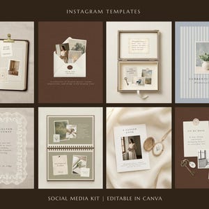 Peut inclure: Un ensemble de huit modèles Instagram présentant diverses mises en page aux tons neutres, incluant des carnets ouverts, des enveloppes avec photos, des boîtes décoratives, des fonds rayés, des bordures en dentelle et des images de médaillons.
